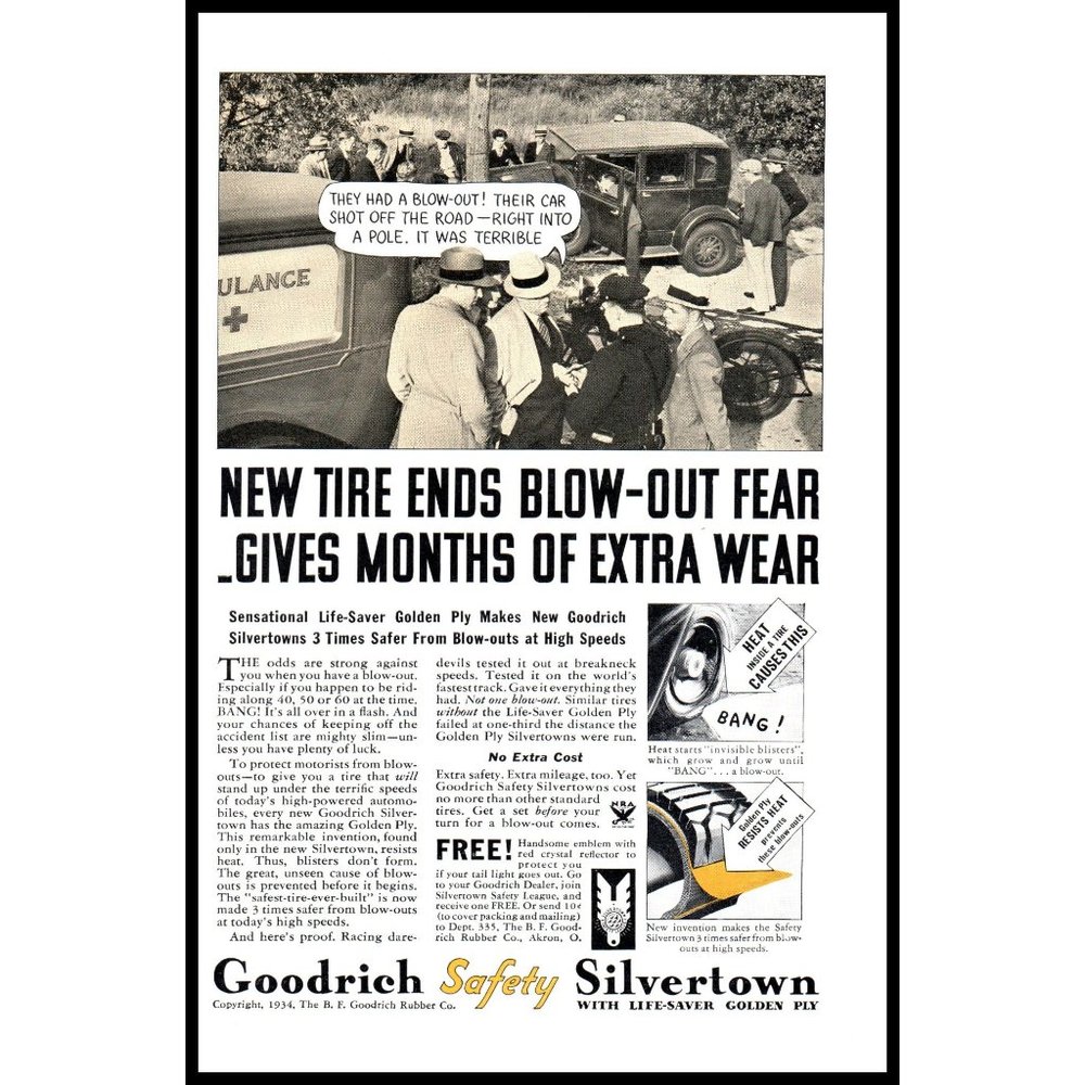1934 BF Goodrich Tires Silvertown Tire Vintage Print Ad Antique Car Wall Art